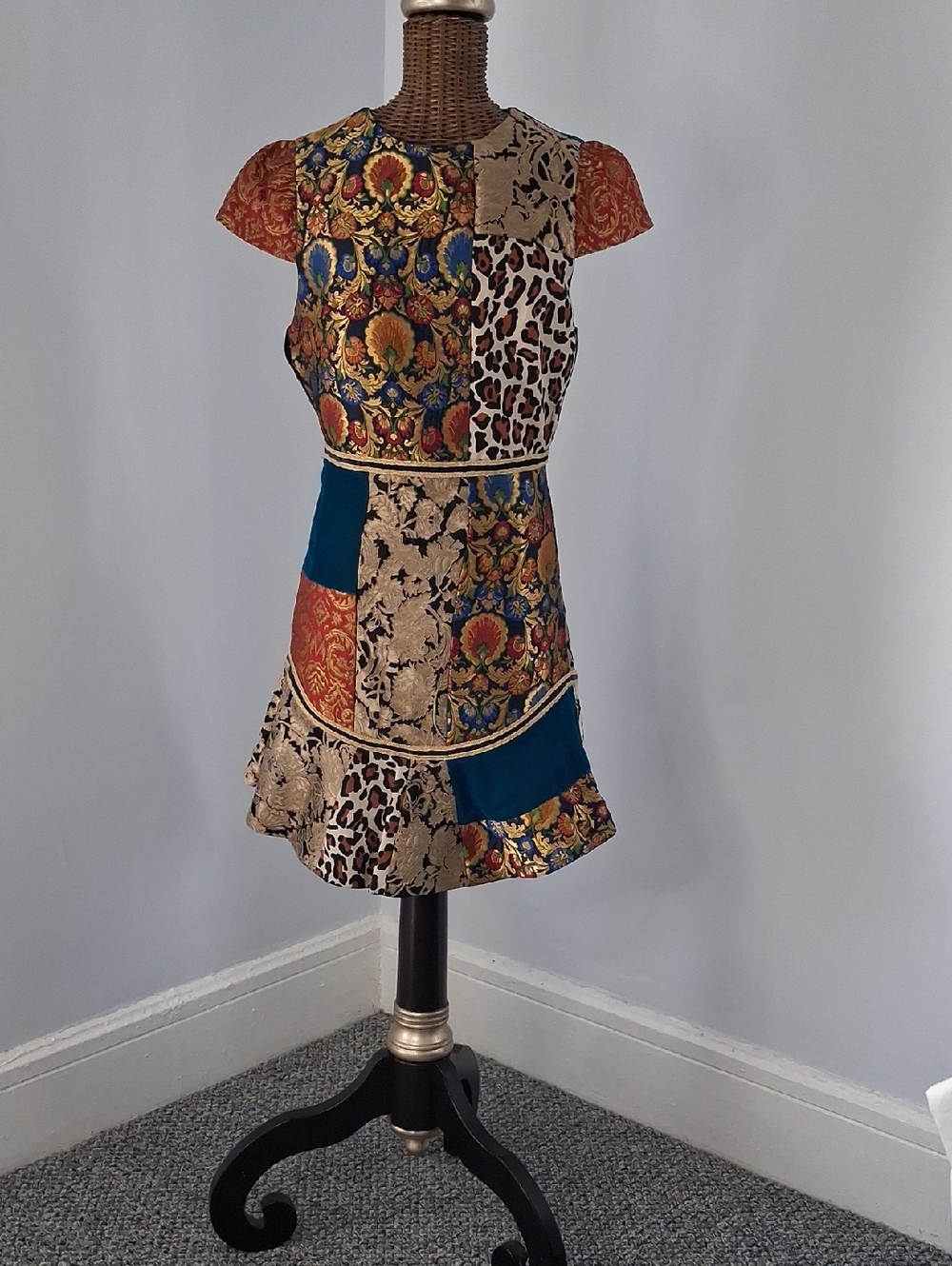 Alice + Olivia Multicolor Patchwork Floral Leopard Dress with Teal Accents